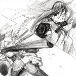  2girls aiming aiming_at_viewer akemi_homura bangs beret black_hair boots corset drill_hair dual_wielding eyelashes fighting gun hairband handgun hat holding_gun line_shading long_hair magical_musket mahou_shoujo_madoka_magica monochrome motion_lines multiple_girls serious simple_background skirt split_image sweat tomoe_mami uruo weapon white_background 