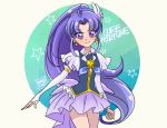  1girl arm_warmers character_name cnove cure_fortune detached_sleeves dress earrings english fingerless_gloves gloves happinesscharge_precure! jewelry long_hair looking_at_viewer magical_girl ponytail precure purple_dress purple_hair ribbon skirt smile solo standing violet_eyes 