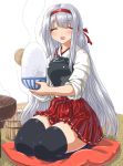  1girl black_legwear blush closed_eyes cushion dd_(ijigendd) hairband japanese_clothes kantai_collection long_hair muneate open_mouth personification rice rice_bowl rice_cooker rice_spoon shoukaku_(kantai_collection) silver_hair sitting skirt smile solo thighhighs wariza white_hair 