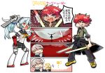  1girl 2boys android blue_hair comic dual_wielding grey_eyes grey_eyes grey_hair grin labrys long_hair minazuki_sho multiple_boys narukami_yuu persona persona_4 persona_4:_the_ultimate_in_mayonaka_arena pleated_skirt ponytail red_eyes redhead robot_joints scar school_uniform short_hair skirt smile sword translation_request weapon 