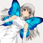  1girl bare_shoulders braid butterfly_wings dress elbow_gloves gloves grey_background grey_eyes long_hair looking_at_viewer misteor original silver_hair simple_background sleeveless sleeveless_dress solo very_long_hair white_dress white_gloves wings 