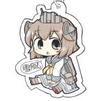  1girl brown_eyes brown_hair chestnut_mouth chibi headgear kantai_collection keychain looking_at_viewer machinery open_mouth personification short_hair sitting solo torpedo turret yuasan yukikaze_(kantai_collection) 