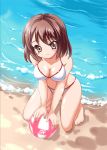  1girl ball beach bikini brown_eyes brown_hair girlfriend_(kari) kenkou_toshikou shiina_kokomi short_hair smile solo swimsuit 