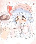  +_+ 1girl azuki-taste bat_wings blue_hair bunny_print calligraphy_pen_(medium) child cocoa cup fang hat hat_ribbon heart highres marker_(medium) mob_cap mug open_mouth pointy_ears red_eyes remilia_scarlet ribbon smile touhou traditional_media wings younger 