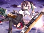 1girl bike_shorts blush bow_(weapon) brown_eyes brown_hair clouds crossbow flat_chest headband headgear kantai_collection mad_(hazukiken) personification pleated_skirt short_hair skirt sky solo taihou_(kantai_collection) thighhighs weapon 