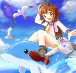  1girl bird blue_sky boots brown_eyes brown_hair cannon clouds daiso dolphin gun hair_ornament kantai_collection ocean open_mouth personification sailor_dress seagull short_hair sky smile water weapon yukikaze_(kantai_collection) 