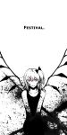  1girl blood blood_on_face blood_splatter bow dress english flandre_scarlet hair_bow hips monochrome parted_lips red_eyes side_ponytail simple_background slash sleeveless sleeveless_dress solo spot_color spread_wings text_focus touhou upper_body uruo white_background 