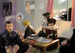  1girl 4boys aruolrn black_hair blonde_hair desk gakuran headband higashikata_jousuke hirose_kouichi jojo_no_kimyou_na_bouken kishibe_rohan multiple_boys nijimura_okuyasu pen pocky pompadour poster school_uniform yamagishi_yukako 