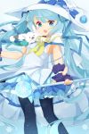  1girl animal_on_shoulder aqua_eyes aqua_hair cape fingerless_gloves gloves hat hatsune_miku jimmy long_hair magical_girl open_mouth pantyhose rabbit skirt snowflakes solo twintails very_long_hair vocaloid wand witch_hat yuki_miku 