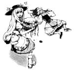  2girls annoyed blood boots dress hat hinanawi_tenshi lying monochrome multiple_girls okoge_senbei on_stomach rock rope shimenawa skirt touhou yakumo_yukari 