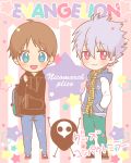  2boys :3 backpack bag blue_eyes blush brown_hair chibi copyright_name grey_hair hoodie ikari_shinji male multiple_boys nagisa_kaworu neon_genesis_evangelion open_mouth plico_(nicoma) red_eyes sachiel short_hair smile star star-shaped_pupils symbol-shaped_pupils 