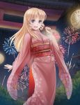  1girl blonde_hair blue_eyes breasts drawfag drill_hair fireworks floral_print highres japanese_clothes kimono lantern long_hair night night_sky obi pacifica_casull scrapped_princess sky smile torii twin_drills wide_sleeves 