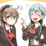  2girls aqua_eyes aqua_hair blazer blush breasts brown_hair hair_ornament hairclip itomugi-kun kantai_collection kumano_(kantai_collection) laughing long_hair multiple_girls open_mouth personification ponytail school_uniform smile suzuya_(kantai_collection) 