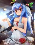  1girl bare_shoulders blue_hair gun handgun hat hinanawi_tenshi red_eyes shuizao_(little_child) solo touhou weapon 