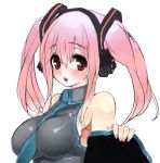  1girl between_breasts blush breasts detached_sleeves hatsune_miku_(cosplay) headphones large_breasts long_hair necktie_between_breasts nitroplus open_mouth pink_hair po._(medamaoyazi) red_eyes solo super_sonico twintails vocaloid 