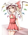  1girl blonde_hair bow fang flandre_scarlet hat hat_bow kuroganeruto red_eyes side_ponytail solo touhou wings 