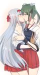  2girls bare_shoulders blush brown_eyes hairband japanese_clothes kantai_collection kiss long_hair multiple_girls muneate personification shokushu_ura shoukaku_(kantai_collection) silver_hair skirt sweatdrop twintails undressing yugake yuri zuikaku_(kantai_collection) 