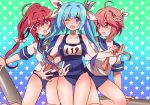  3girls :d ahoge blue_hair blush breasts fang hair_ornament hair_ribbon i-168_(kantai_collection) i-19_(kantai_collection) i-58_(kantai_collection) kantai_collection large_breasts long_hair multiple_girls n-mix name_tag open_mouth personification ponytail red_eyes redhead ribbon school_swimsuit school_uniform serafuku short_hair smile star starry_background swimsuit swimsuit_under_clothes torpedo violet_eyes wink 