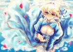  1girl ahoge blonde_hair dress fate/stay_night fate_(series) green_eyes hair_ribbon petals ribbon saber solo yuki_hikari 