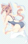  1girl animal_ears ass brown_eyes brown_hair cat_ears competition_swimsuit neneko-n one-piece_swimsuit original scarf short_hair swimsuit tail thigh-highs 