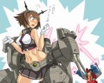  1girl angry blush brown_hair crossover gloves hairband kantai_collection laser machinery midriff mimizu_(tokagex) mutsu_(kantai_collection) navel personification red_eyes robot starscream transformers turret 