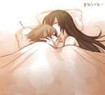  2girls black_hair blanket brown_hair kantai_collection long_hair mk multiple_girls mutsu_(kantai_collection) no_headwear pillow short_hair sleeping yuri 