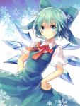  1girl blue_dress blue_eyes blue_hair blush bow cirno dress hair_bow hands_on_hips looking_at_viewer puffy_sleeves shirt short_sleeves smile solo suzuna_(mark_of_luck) touhou 
