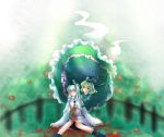    2girls blood closed_eyes death dress ghost_tail green_hair hand_on_another&#039;s_face hat japanese_clothes kariginu long_sleeves mononobe_no_futo multiple_girls ofuda pom_pom_(clothes) sheeg short_hair silver_hair soga_no_tojiko suicide sword tate_eboshi touhou weapon 