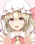  1girl blonde_hair bow flandre_scarlet hat hat_bow kuroganeruto open_hands red_eyes side_ponytail solo touhou wings 