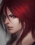  1girl ae-rie bust face grey_background league_of_legends lips long_hair nose red_eyes redhead shyvana solo 