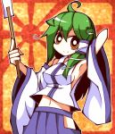  1girl ahoge brown_eyes frog_hair_ornament gohei green_hair hair_ornament kochiya_sanae long_hair nosada smile snake_hair_ornament sun touhou 