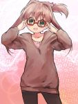  1girl :d adjusting_glasses bespectacled brown_hair glasses green_eyes hair_intakes hair_ribbon highres jewelpet_(series) jewelpet_tinkle nyama open_mouth red-framed_glasses ribbon sakura_akari side_ponytail smile solo 