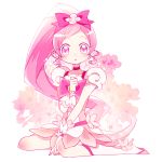  1girl boots cure_blossom dress flower heart heartcatch_precure! highres knee_boots long_hair magical_girl pink_eyes pink_hair ponytail precure ribbon sitting wariza yuucho_(cololal) 