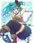  1girl animal_ears breasts cat_ears cat_tail duel_monster fang felice_lightsworn_archer gloves green_eyes green_hair long_hair looking_at_viewer paw_pose ponytail solo star tail thighhighs yuu-gi-ou zettai_ryouiki 