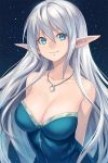  1girl bare_shoulders blue_eyes breasts cleavage guchico jewelry large_breasts light_smile long_hair necklace night original pointy_ears silver_hair solo 