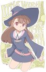 1girl akko_kagari brown_hair dress hat highres little_witch_academia long_hair nagian open_mouth red_eyes solo wand witch witch_hat 
