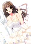  1girl :d ashigara_(kantai_collection) bare_shoulders breasts brown_eyes brown_hair dress endori female hairband jewelry kantai_collection long_hair necklace open_mouth ring smile solo_focus wedding_dress wedding_ring 