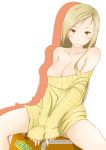  1girl bare_shoulders blonde_hair blush box breasts cleavage collarbone inamochi_keiichirou large_breasts long_hair naked_sweater off_shoulder original sitting sleeves_past_wrists solo spread_legs sweater yellow_eyes 
