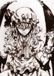  1girl ascot azuki-taste bat_wings brooch calligraphy_pen_(medium) hat hat_ribbon highres jewelry looking_at_viewer mob_cap monochrome puffy_sleeves remilia_scarlet ribbon short_sleeves solo touhou wings wrist_cuffs 