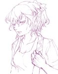  1girl blush bow collarbone eyelashes hair_bow half-closed_eyes looking_down messy_hair mizuhashi_parsee monochrome open_clothes open_jacket ponytail removing_jacket shirt short_sleeves simple_background solo sweat touhou uruo white_background 