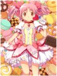  1girl candy cookie copyright_name food gloves hair_ribbon kaname_madoka lollipop looking_at_viewer macaron mahou_shoujo_madoka_magica pastry pink_eyes pink_hair pretzel ribbon shiomiya_(moshimoshi102) short_hair skirt smile solo twintails white_gloves 