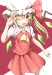  1girl blonde_hair bow fang flandre_scarlet hand_on_head hat hat_bow kuroganeruto red_eyes side_ponytail solo touhou wings wink 