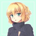 1girl alternate_costume blonde_hair blush bust gomi_(gomitin) green_eyes highres mizuhashi_parsee pointy_ears ribbed_sweater short_hair solo sweater touhou turtleneck 
