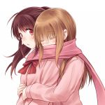  2girls blazer blush bowtie brown_hair closed_eyes commentary_request head_rest highres hug hug_from_behind long_hair matsumi_yuu multiple_girls open_mouth payot ponytail red_eyes saki scarf school_uniform shared_scarf simple_background surprised suzushiro_yukari takakamo_shizuno white_background yuri 