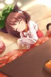  1girl animal_ears blush brown_hair cat_ears cat_tail chen hat highres jewelry kotatsu lzh short_hair single_earring sleeping smile solo table tail touhou 