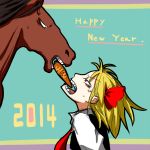  1girl 2014 animal blonde_hair carrot fighting hair_ribbon happy_new_year horse mouth_hold noumen open_mouth red_eyes ribbon rumia short_hair sweat teeth teeth_hold touhou veins 