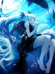  1girl barefoot blue_hair bubble dress fish hatsune_miku long_hair ran_(pixiv2957827) shinkai_shoujo_(vocaloid) solo submerged twintails underwater very_long_hair vocaloid 