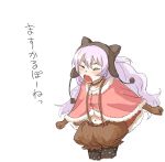  1girl animal_hood bangs blush brown_gloves buttons capelet cat_hood choker clenched_hands closed_eyes fur_trim gloves hat hood lavender_hair long_hair mahou_shoujo_madoka_magica mahou_shoujo_madoka_magica_movie momoe_nagisa navel outstretched_arms pantyhose polka_dot polka_dot_legwear puffy_pants red_bow shouting simple_background solo suspenders translation_request uruo white_background 