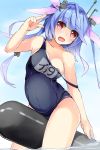  1girl :d absurdres blue_hair blush breasts cleavage fang hair_ornament hair_ribbon highres i-19_(kantai_collection) kantai_collection large_breasts long_hair mono_(sunegey) name_tag open_mouth personification red_eyes ribbon school_swimsuit smile solo star star-shaped_pupils swimsuit symbol-shaped_pupils torpedo twintails 
