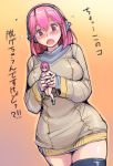  1girl blush breasts figure headphones holding large_breasts long_hair mascot nitroplus open_mouth pink_hair red_eyes solo super_sonico sweater thighhighs tsuda_nanafushi 